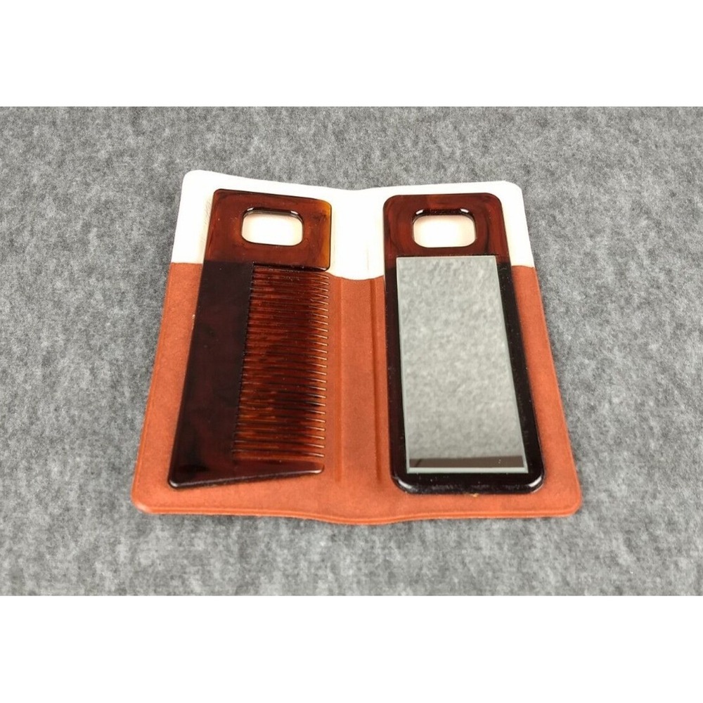 Comb & Mirror Purse Set Storage Case Faux Tortoise Vintage 70/80s Travel NOS NEW